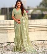 Pista color chanda kora silk fabric beautful floral embroidery work ceremonial saree