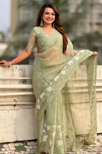 Pista chanda kora silk blend beautful floral embroidery work ceremonial saree