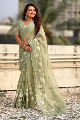 Pista chanda kora silk blend beautful floral embroidery work ceremonial saree