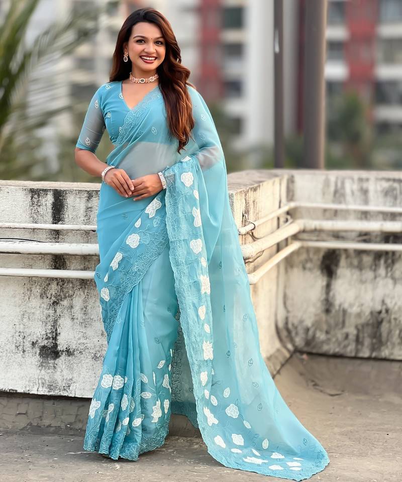 Sky blue color chanda kora silk fabric beautful floral embroidery work ceremonial saree