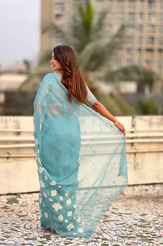 Sky blue chanda kora silk blend beautful floral embroidery work ceremonial saree