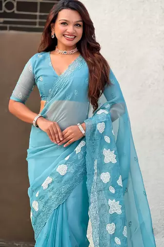 Sky blue chanda kora silk blend beautful floral embroidery work ceremonial saree