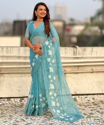 Sky blue chanda kora silk blend beautful floral embroidery work ceremonial saree 4