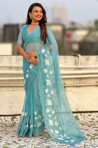 Sky blue chanda kora silk blend beautful floral embroidery work ceremonial saree