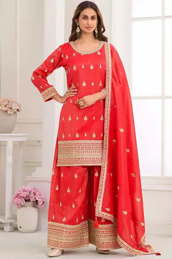 Red embroidery real simar silk salwar suit