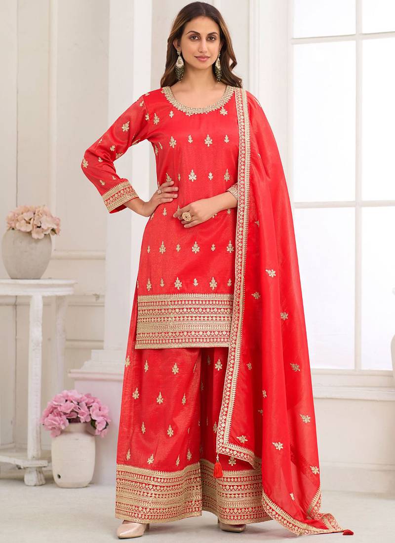 Red embroidery real simar silk salwar suit