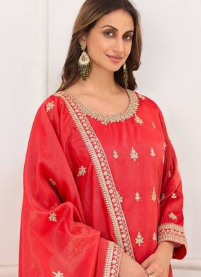 Red embroidery real simar silk salwar suit 2