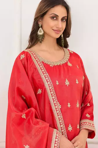 Red embroidery real simar silk salwar suit