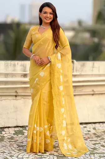 Yellow color chanda kora silk fabric beautful floral embroidery work ceremonial saree