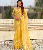 Yellow color chanda kora silk fabric beautful floral embroidery work ceremonial saree