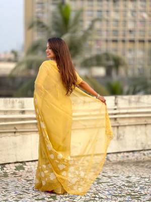 Yellow chanda kora silk blend beautful floral embroidery work ceremonial saree 2