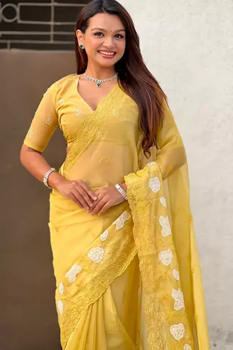 Yellow chanda kora silk blend beautful floral embroidery work ceremonial saree