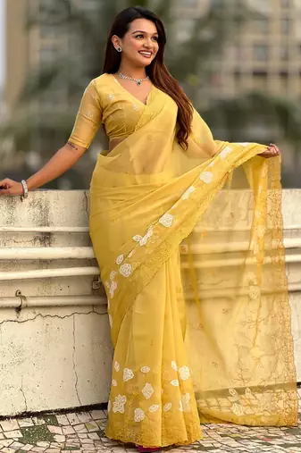 Yellow chanda kora silk blend beautful floral embroidery work ceremonial saree