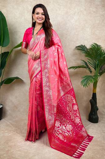 Baby pink color banarasi silk fabric woven jari meenakari jaal designer ethnic partywear saree