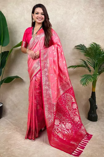 Baby pink color banarasi silk fabric woven jari meenakari jaal designer ethnic partywear saree