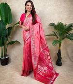 Baby pink faux banarasi silk fabric woven jari meenakari jaal designer ethnic partywear saree