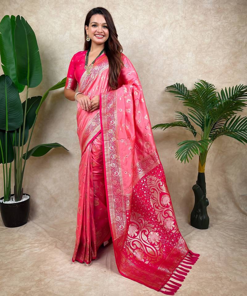 Baby pink color banarasi silk fabric woven jari meenakari jaal designer ethnic partywear saree