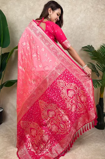 Baby pink faux banarasi silk blend woven zari meenakari jaal ethnic partywear saree