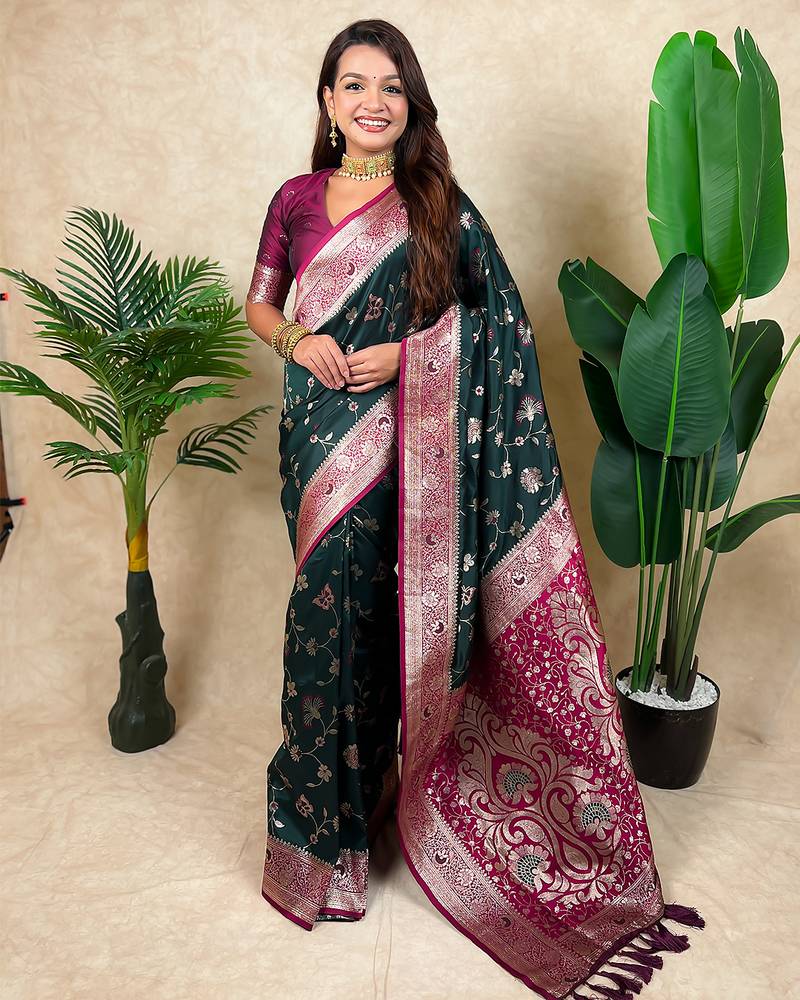 Green color banarasi silk fabric woven jari meenakari jaal designer ethnic partywear saree