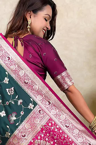 Green faux banarasi silk blend woven zari meenakari jaal ethnic partywear saree