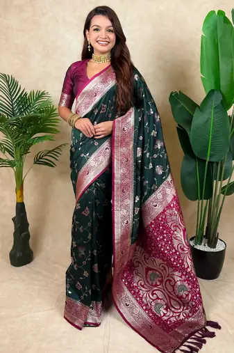 Green faux banarasi silk blend woven zari meenakari jaal ethnic partywear saree