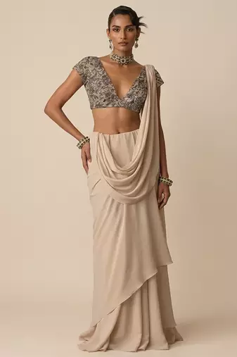 Beige embroidered net pre draped saree set