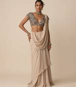 Beige embroidered net pre draped saree set