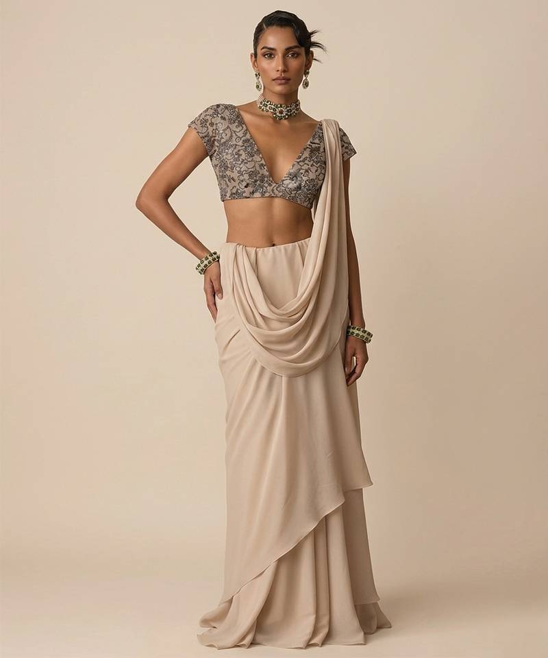 Beige embroidered net pre draped saree set