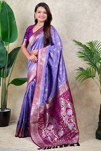Lavender color banarasi silk fabric woven jari meenakari jaal designer ethnic partywear saree
