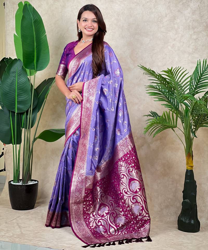Lavender color banarasi silk fabric woven jari meenakari jaal designer ethnic partywear saree