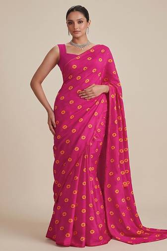 Rani pink printed satin pre draped saree set