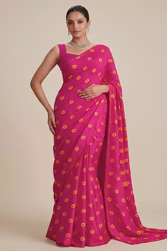 Rani pink printed satin pre draped saree set