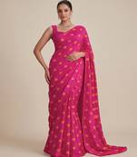 Rani pink printed satin pre draped saree set
