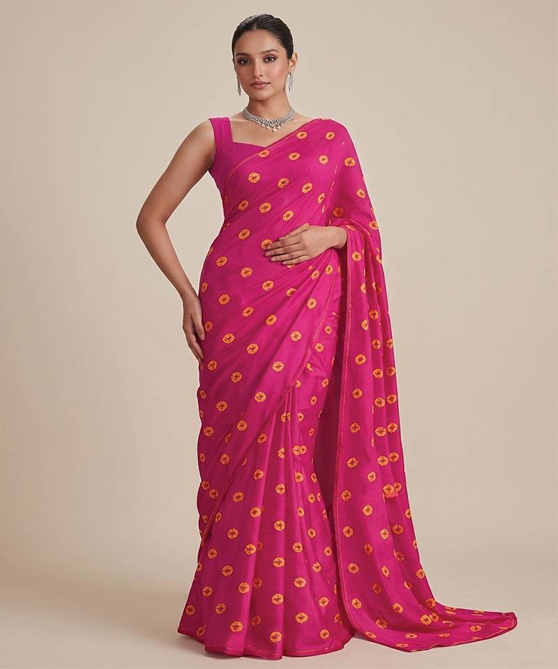 Rani pink printed satin pre draped saree set