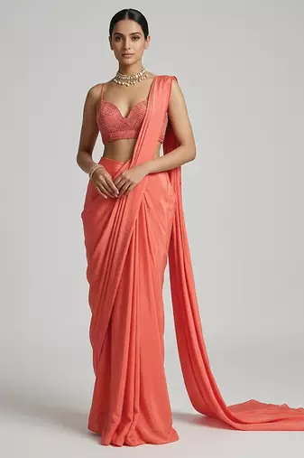 Coral pink crepe handwork pre draped saree set