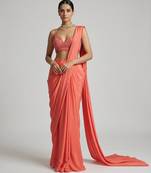 Coral pink crepe handwork pre draped saree set