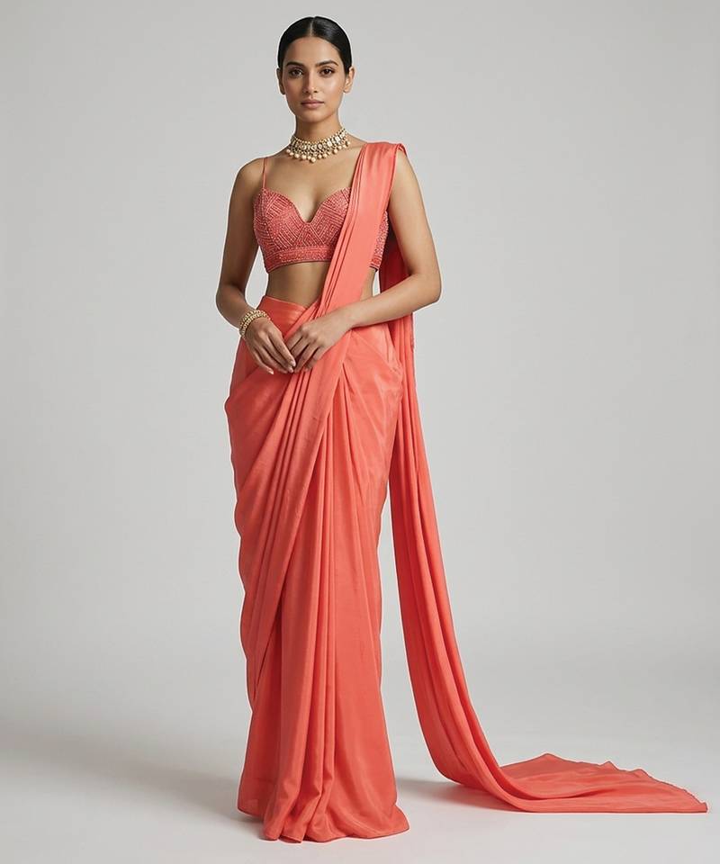 Coral pink crepe handwork pre draped saree set