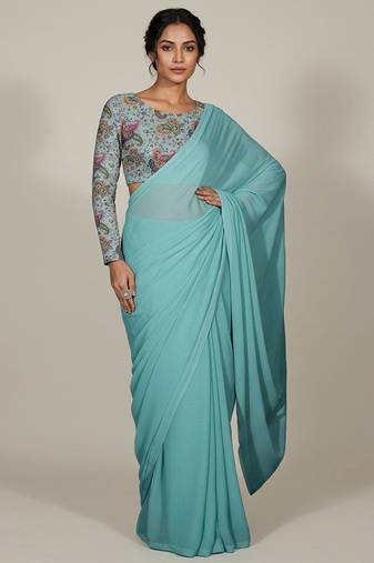 Sky blue floral print crepe pre draped saree set