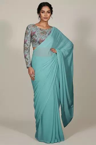 Sky blue floral print crepe pre draped saree set