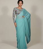 Sky blue floral print crepe pre draped saree set