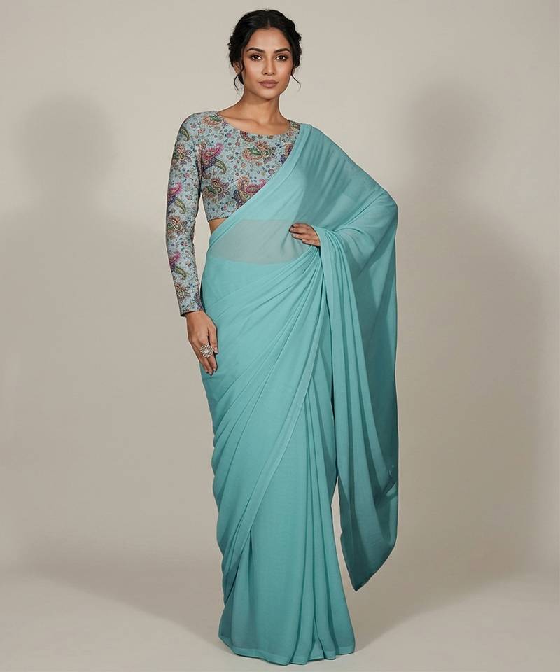 Sky blue floral print crepe pre draped saree set