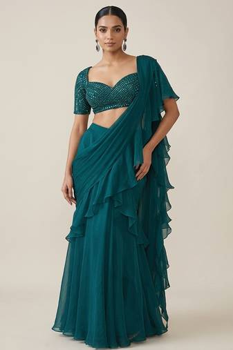 Teal green crepe pre draped saree set