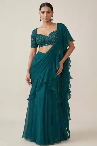 Teal green crepe pre draped saree set