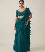 Teal green crepe pre draped saree set