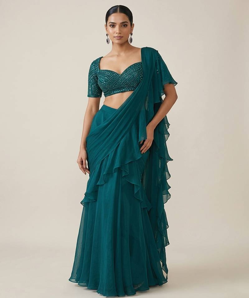Teal green crepe pre draped saree set