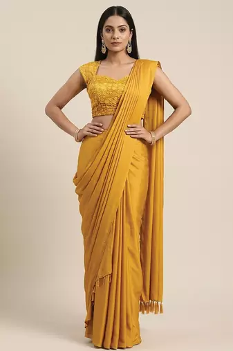 Mustard yellow crepe pre draped saree set