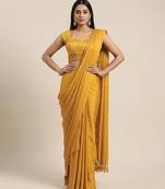 Mustard yellow crepe pre draped saree set