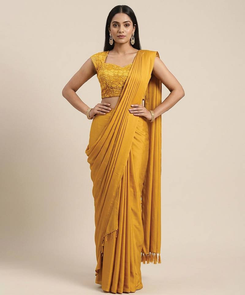 Mustard yellow crepe pre draped saree set