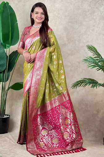 Mahendi color banarasi silk fabric woven jari meenakari jaal designer ethnic partywear saree