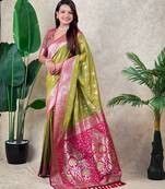 Mahendi faux banarasi silk fabric woven jari meenakari jaal designer ethnic partywear saree